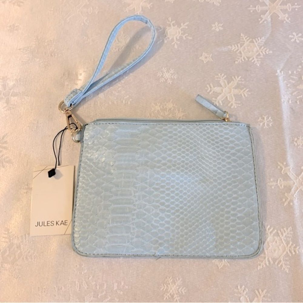 Jules Kaye Cosmetic Makeup Bag Wristlet Blue Vegan Leather NWT Gorgeous